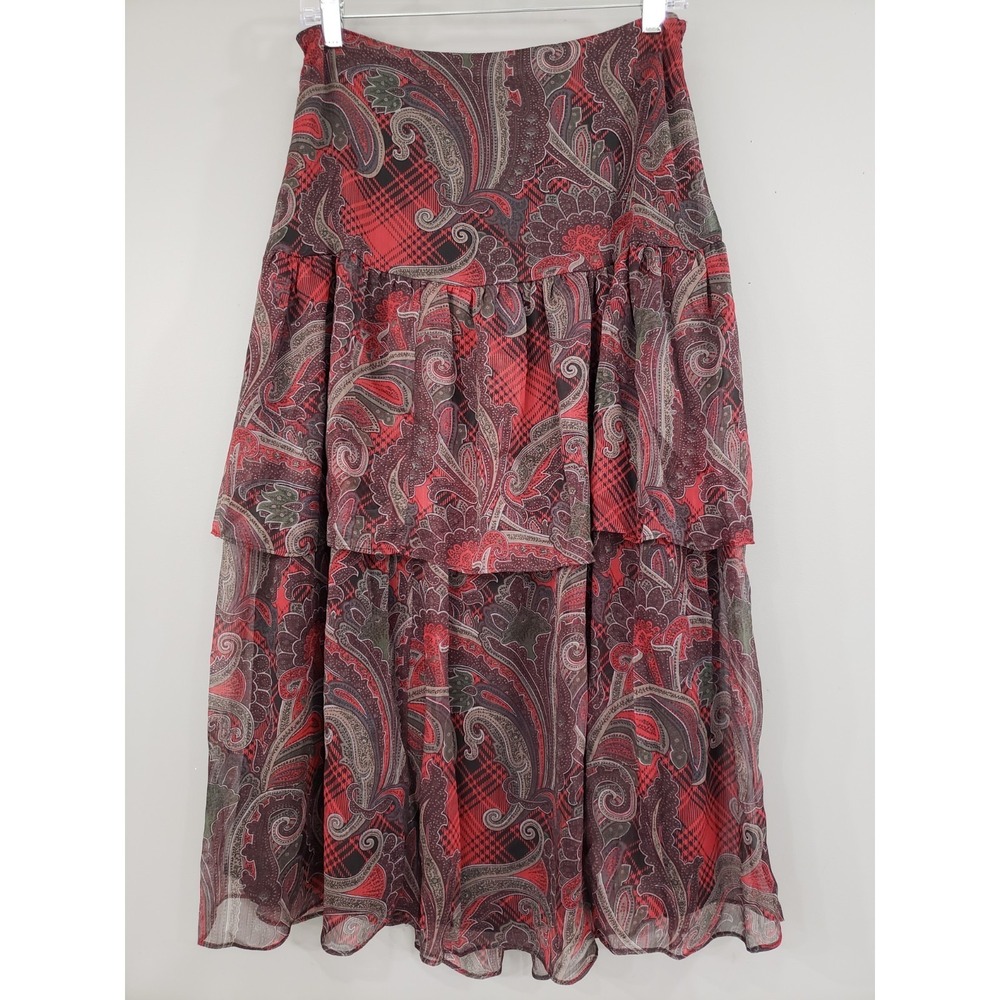 NEW 6 PETITE Lauren Ralph Red Paisley Tiered Chiffon Midi Skirt Gothic Academia